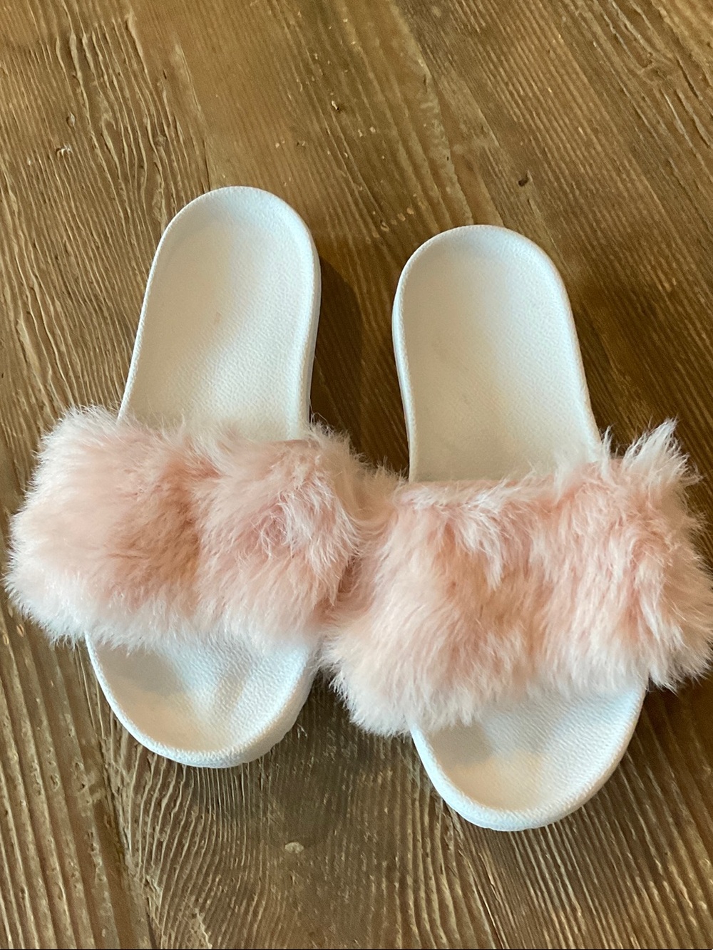 UGG Blush Pink Faux Fur Slide Sandals with White Footbed